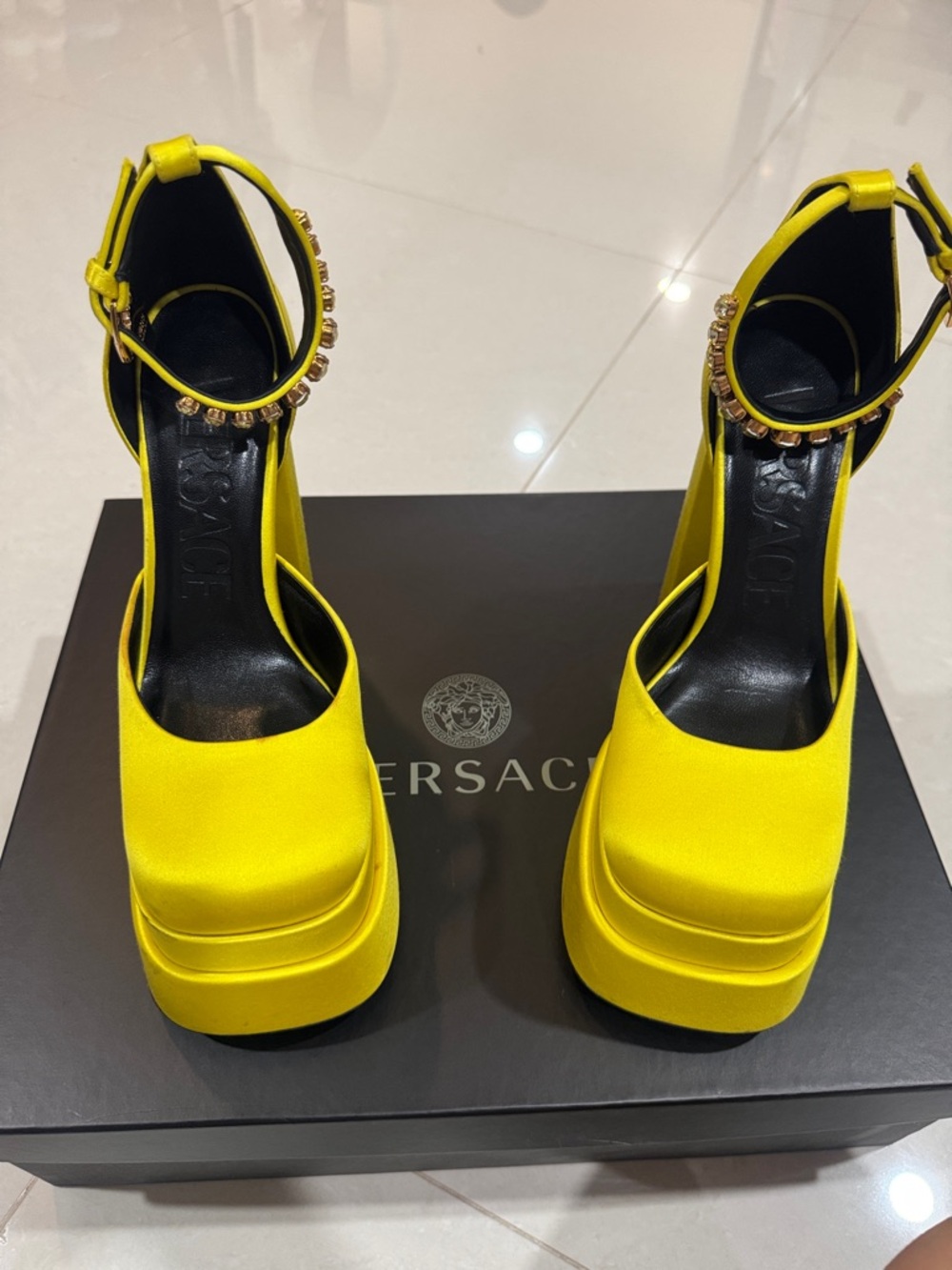 Versace Vibrant Yellow Platform Ankle-Strap Heels